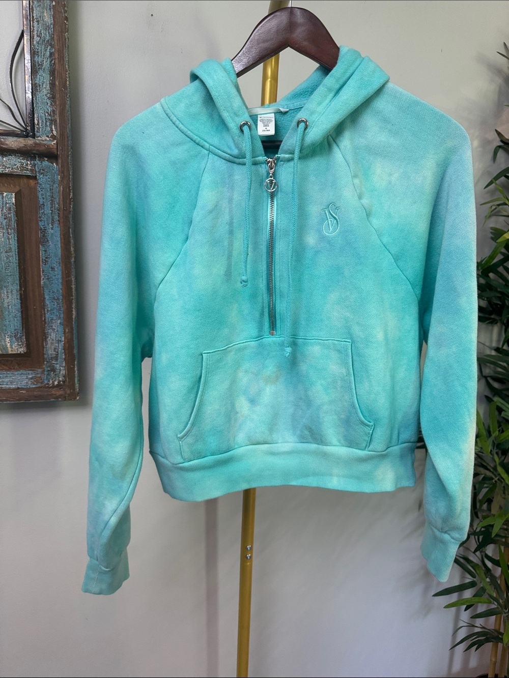 Victoria's Secret Aqua Tie-Dye Half Zip cropped Hoodie